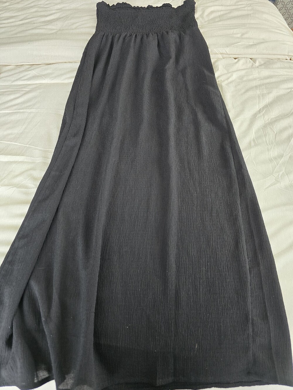 BERSHKA Strapless Maxi Dress Smocked Tube Top Slit Textured Gauze Black Large EC